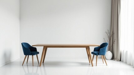 Modern minimalist dining room with wooden table and two blue velvet chairs