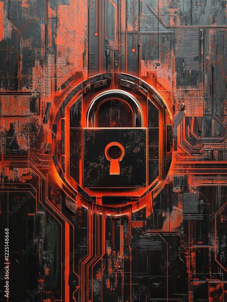 Poster a modern digital lock symbol over a circuit board background, representing cybersecurity and data pr
