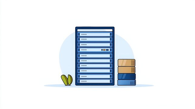 Modern Data Center Illustration Featuring Server Rack and Storage Devices on a Clean Background