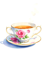 Fototapeta premium Vintage Tea Cup, watercolor, with white tones