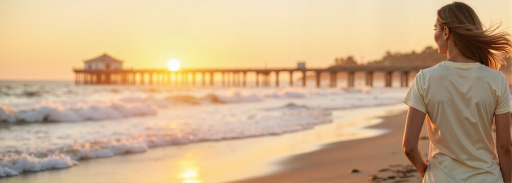 Woman enjoying sunset by the beach with pier background