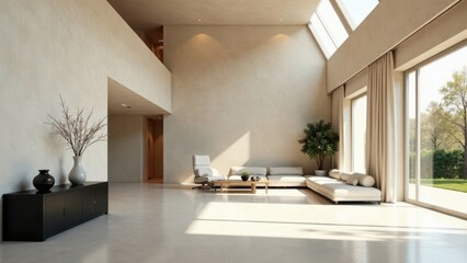 Serene Minimalist Living Room with Expansive Windows and Natural Light Illuminating Neutral Tones