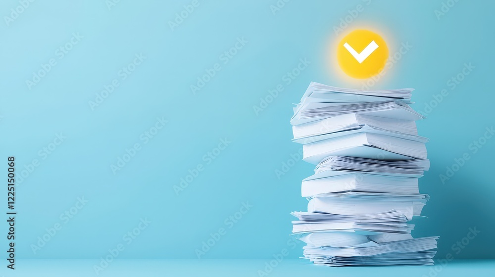Poster stack of documents with a glowing checkmark on top symbolizing compliance