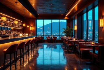 A sophisticated rooftop lounge with a panoramic city view at night, featuring a sleek bar and plush seating arrangements for an elegant ambiance