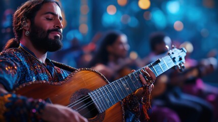 Obraz premium Live music performance by guitarist at a colorful festival urban setting vibrant atmosphere artistic perspective