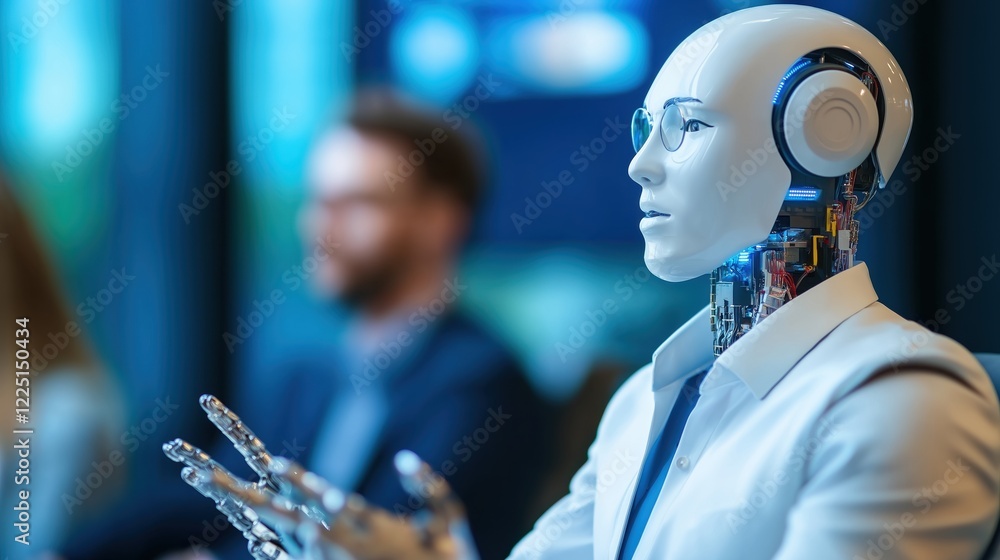 Poster exploring advanced robotics in business environments futuristic technology conference interactive se