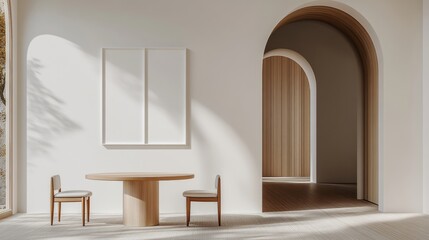 Modern Minimalist Interior with Round Table and Arched Doorway