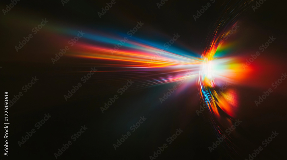 Poster Mesmerizing abstract display of colorful light refractions on a black background. Rainbow hues of red, orange, yellow, green, blue, and violet create a dynamic, flowing, and ethereal optical pattern b
