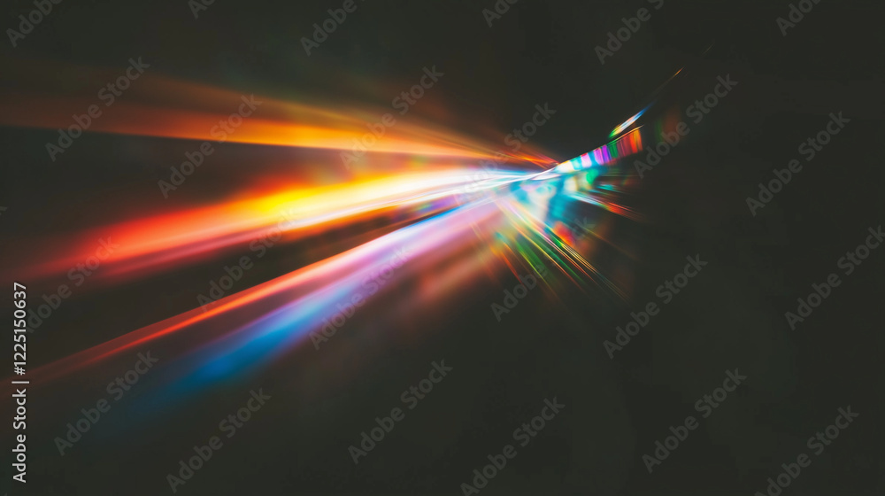 Poster Mesmerizing abstract display of colorful light refractions on a black background. Rainbow hues of red, orange, yellow, green, blue, and violet create a dynamic, flowing, and ethereal optical pattern b
