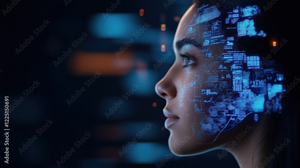 Poster innovative technology integration digital space portrait futuristic environment side view human-comp