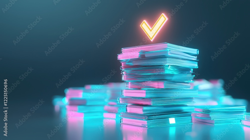 Poster stack of documents with a glowing checkmark on top symbolizing compliance