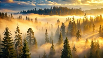 Obraz premium Misty forest scene with towering firs in a warm golden light, set against a soft blue sky with scattered clouds, evoking a sense of serenity and nostalgia , mist, golden light