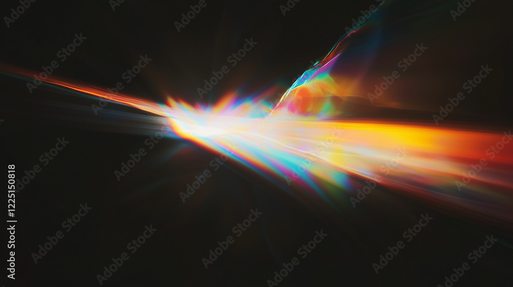 Poster Mesmerizing abstract display of colorful light refractions on a black background. Rainbow hues of red, orange, yellow, green, blue, and violet create a dynamic, flowing, and ethereal optical pattern b