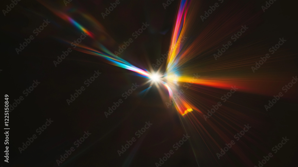 Poster Mesmerizing abstract display of colorful light refractions on a black background. Rainbow hues of red, orange, yellow, green, blue, and violet create a dynamic, flowing, and ethereal optical pattern b