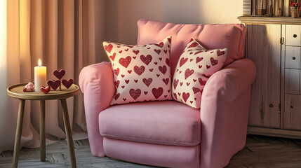 A cozy Valentine Day reading corner with a pink armchair, heart-patterned pillows and a small table holding a candle