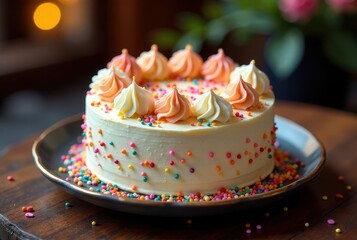 A delightful round cake, elegantly decorated with swirls of frosting in soft pastel hues and a generous scattering of vibrant sprinkles, sits on a dark plate, ready to be shared.
