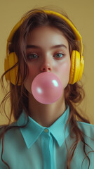 girl with headphones and pink bubble gum