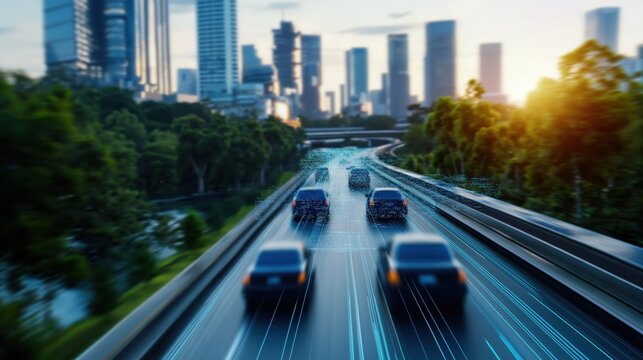 Dynamic traffic flow in urban cityscape fast-paced environment aerial view modern technology impact