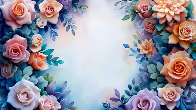 Floral frame with vibrant roses and leaves on soft gradient background design.
