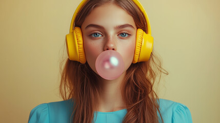 girl with headphones and pink bubble gum