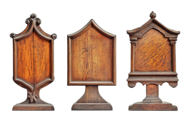 Three wooden signs with a triangular shape. ,on transparent background.