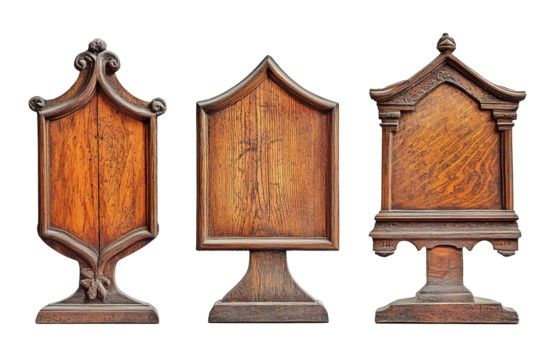 Three wooden signs with a triangular shape. ,on transparent background.