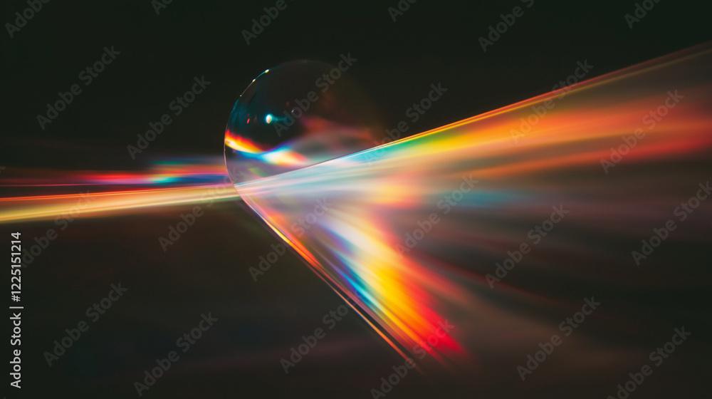 Poster Mesmerizing abstract display of colorful light refractions on a black background. Rainbow hues of red, orange, yellow, green, blue, and violet create a dynamic, flowing, and ethereal optical pattern b