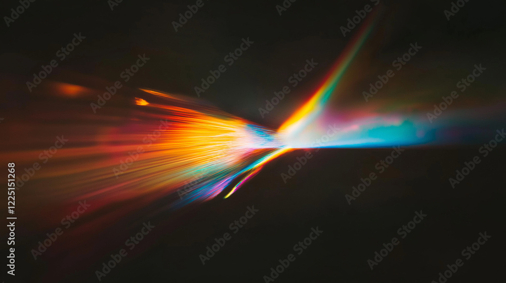 Poster Mesmerizing abstract display of colorful light refractions on a black background. Rainbow hues of red, orange, yellow, green, blue, and violet create a dynamic, flowing, and ethereal optical pattern b