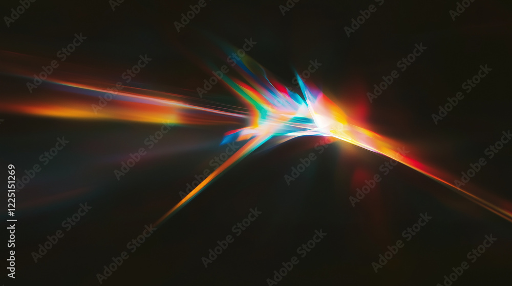 Poster Mesmerizing abstract display of colorful light refractions on a black background. Rainbow hues of red, orange, yellow, green, blue, and violet create a dynamic, flowing, and ethereal optical pattern b