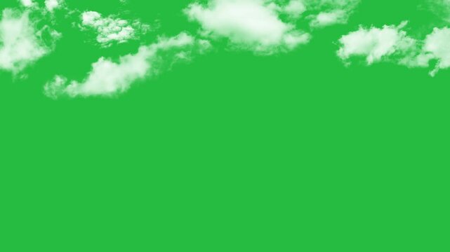 White fluffy clouds on a green screen. Clouds animation moving on green screen background
