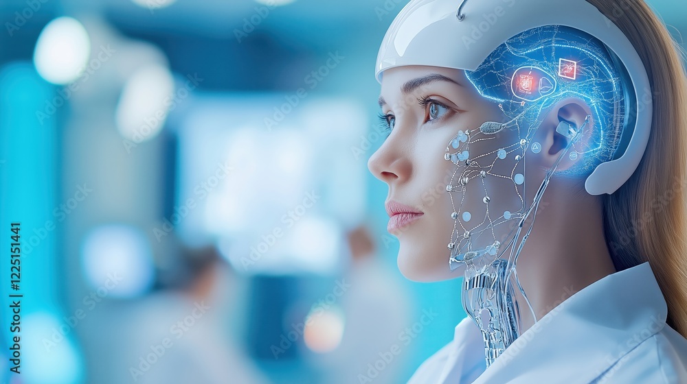 Poster exploring human-machine interaction in advanced robotics laboratory digital art modern environment c