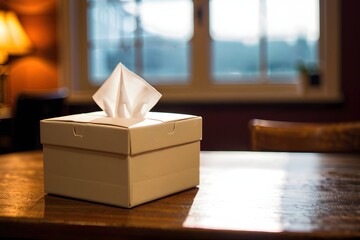 A napkin box in the dimly lit room with copy space