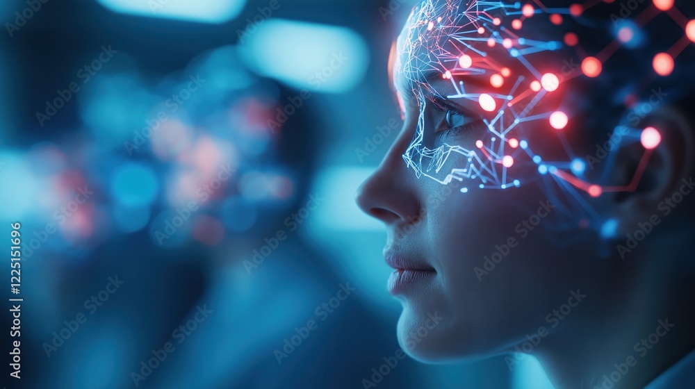 Poster exploring technological advancement in ai-driven facial recognition modern lab digital art futuristi