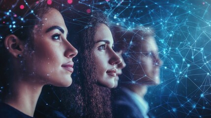 Mixed media composition featuring a group of multinational people and a global communication network concept, representing management strategy and human resources.