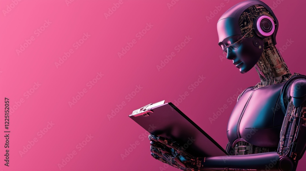 Poster exploring ai innovations a robot reading data futuristic studio digital art pink background close-up