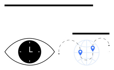 Fototapeta premium Eye with clock inside symbolizing time, globe with location pins indicating global connections. Ideal for time management, international business, planning, globalization, monitoring, navigation