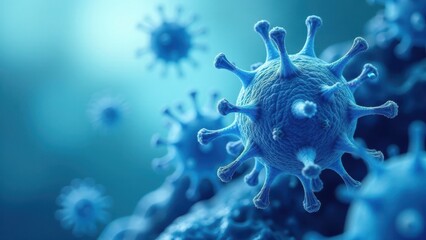 Microscopic View of a Cluster of Blue Viral Particles, Revealing Intricate Surface Details and Spikes, Emphasizing the Complexity of Infectious Agents