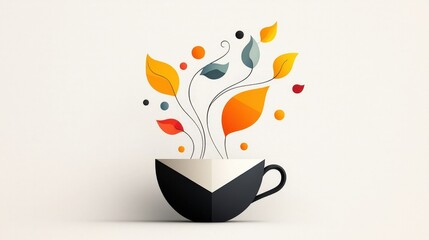 Whimsical Coffee Cup with Colorful Leaves and Bubbles on a Light Background