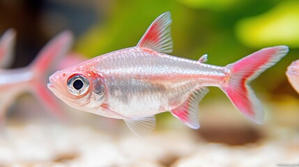 Fototapeta premium Close-up of tetra fish with vibrant pink fins in a freshwater aquarium