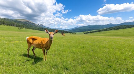 Naklejka premium Brown Deer in Lush Green Meadow with Mountain Background Under Partly Cloudy Sky