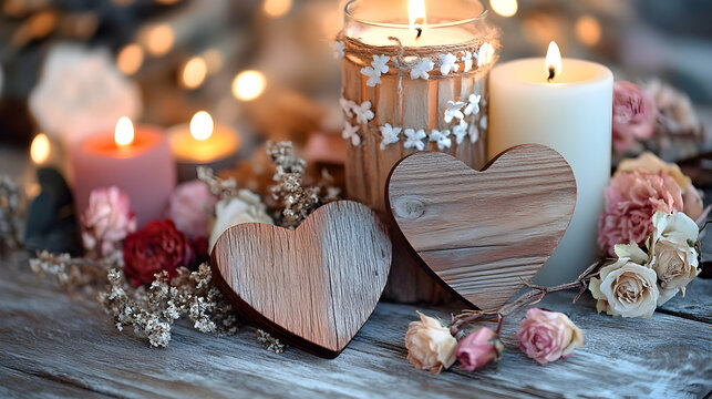 A rustic Valentine Day decor theme with wooden heart-shaped ornaments, dried flowers and soft candles