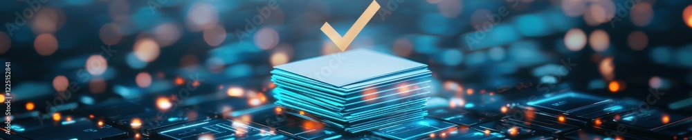 Poster stack of glowing compliance forms with a checkmark hovering above