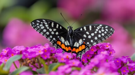 Obraz premium Vibrant Butterfly Resting on Colorful Flowering Plant in Garden