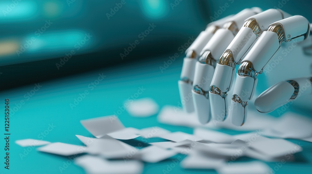 Poster robotic hand sorting papers modern office technology concept close-up view artificial intelligence i