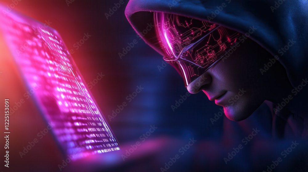 Poster cyber hacker analyzing data on laptop virtual environment digital art futuristic close-up technology