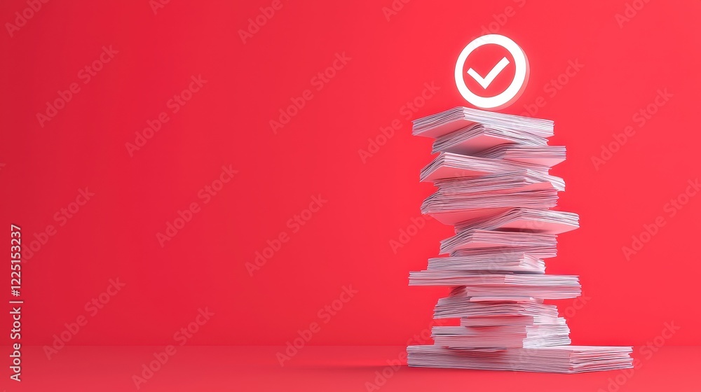 Poster stack of papers with a glowing seal of approval in the center