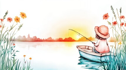 Child Fishing at Sunset Watercolor Painting of Peaceful Lake Scene