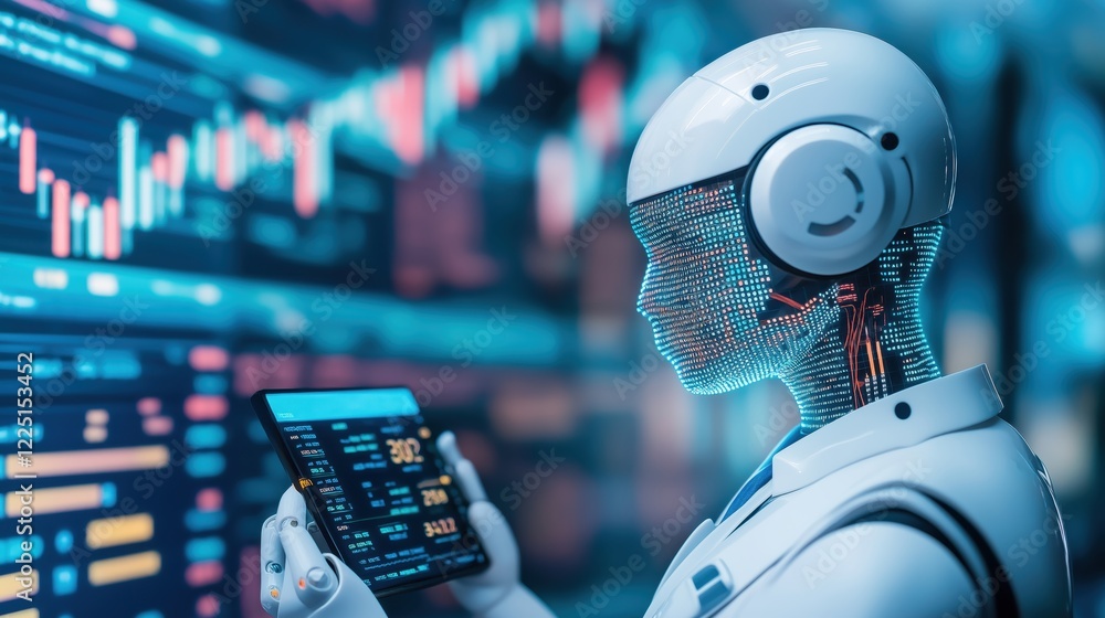 Poster analyzing market trends with ai robotics in financial sector digital environment data visualization 