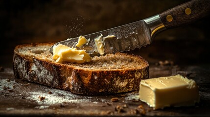Butter knife spreading butter on crusty bread.