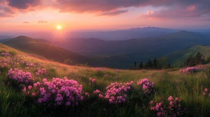Mountain Sunrise with Wildflowers background